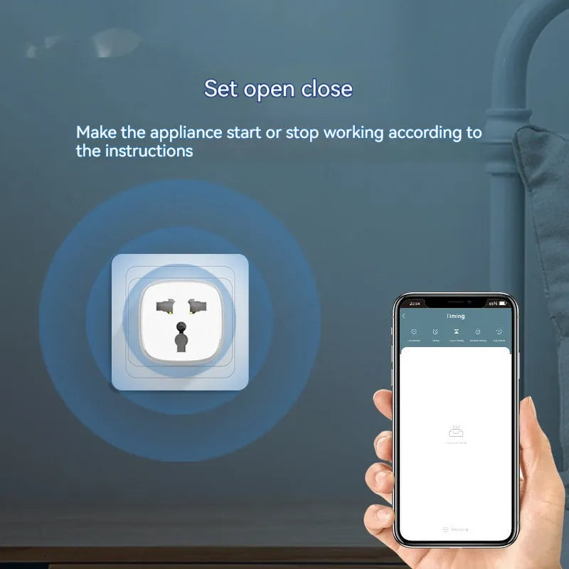 White smart WiFi socket with EU plug standard, timer and overload protection functions on white background