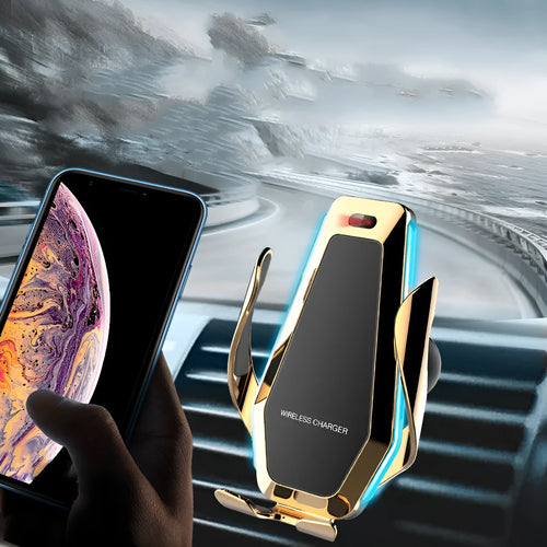 Gold induction car phone holder wireless charger bracket with Type-C input on car vent