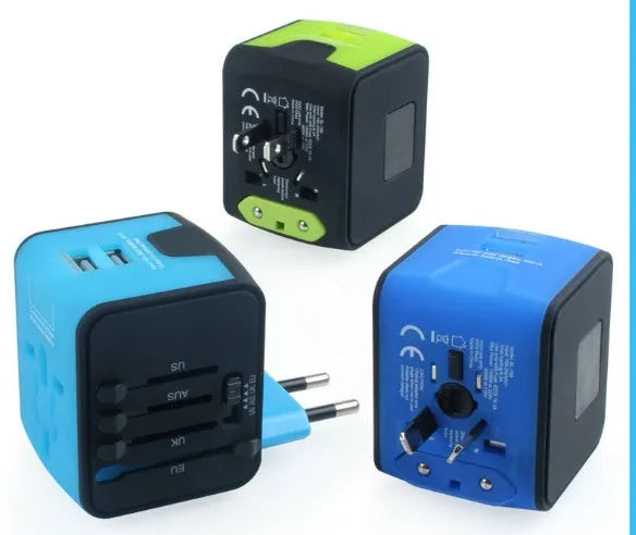 Multi-function conversion socket with dual USB charger, six outlets, flame retardant PC ABS housing, 65x52x53mm, in black