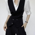 Black polyester leisure business cardigan vest with straight hem, loose fit, front view