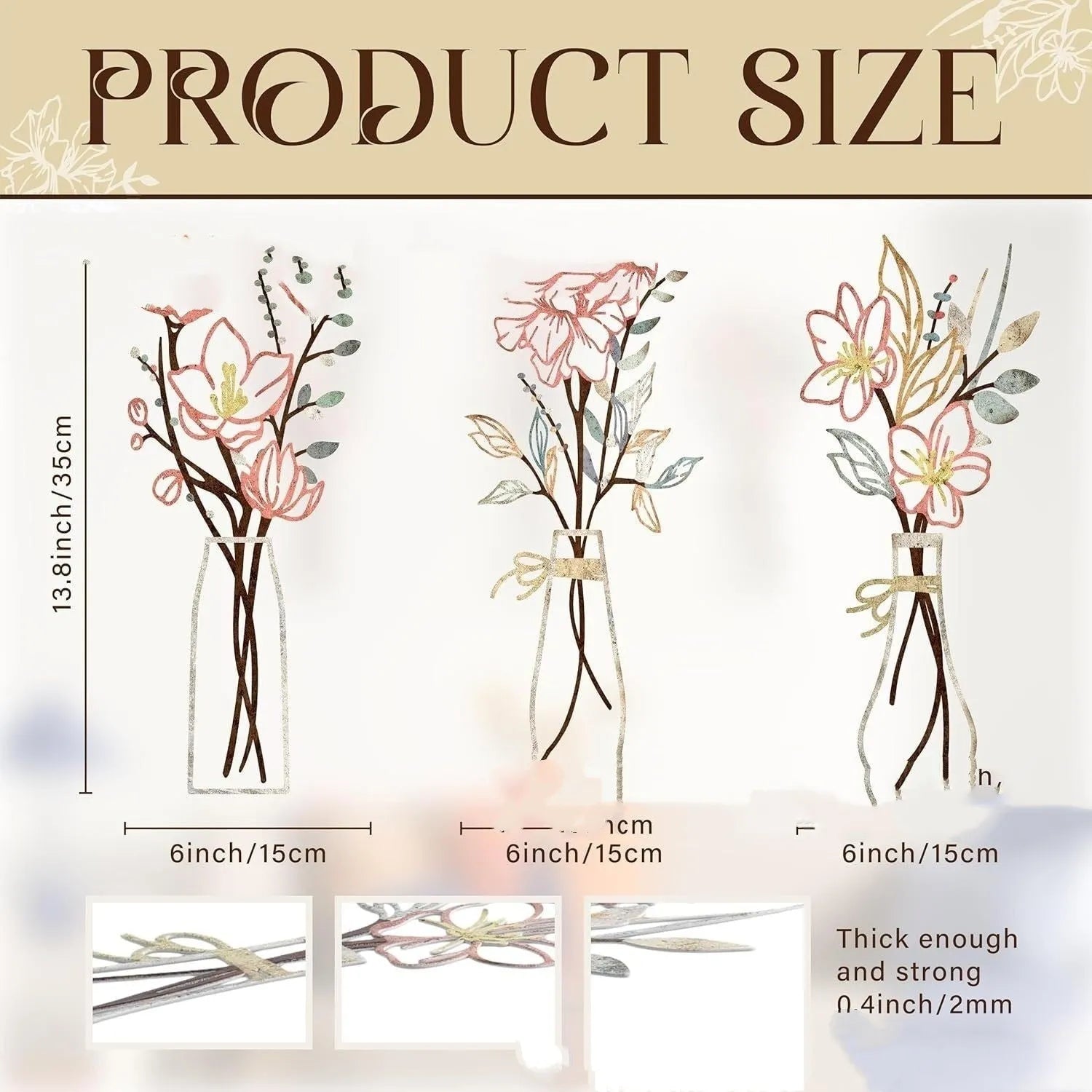 3-piece metal flowers wall art set in country farmhouse style for bathroom decoration
