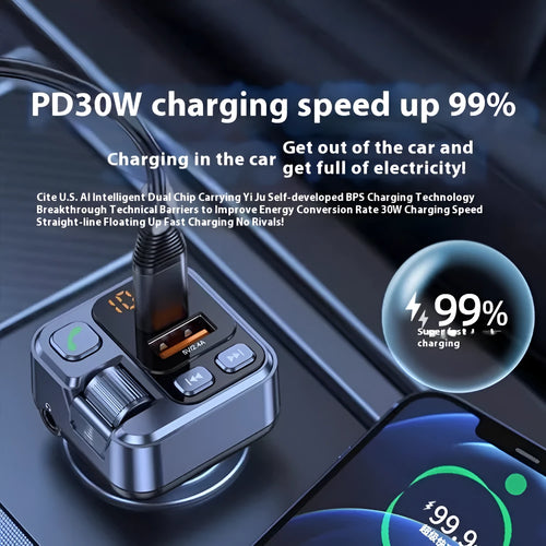 Car Bluetooth receiver and fast charger with LED display and USB-A and USB-C ports