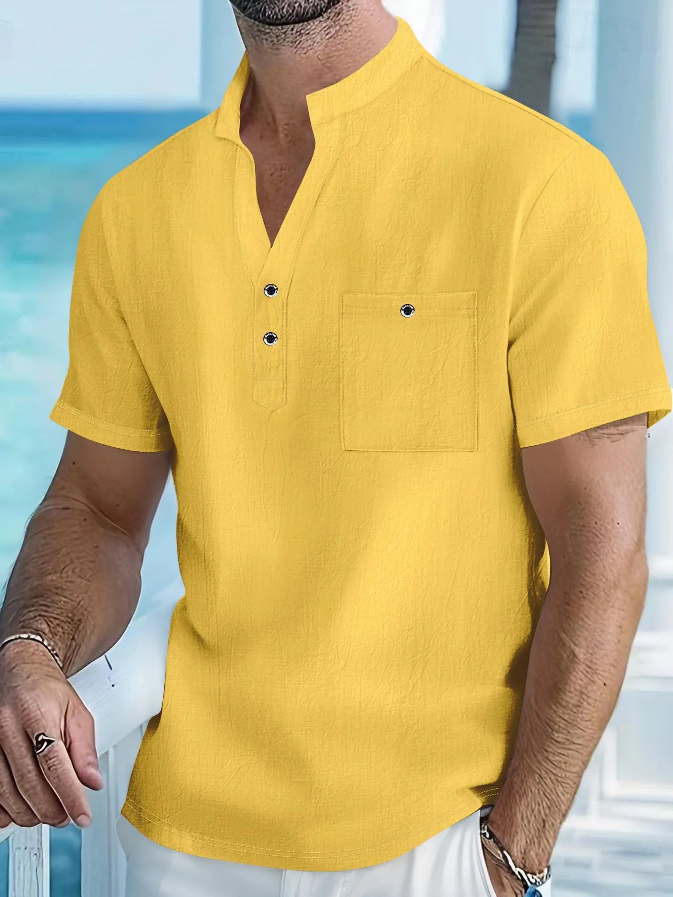 Men's linen stand collar short sleeve shirt in loose fit with solid colour