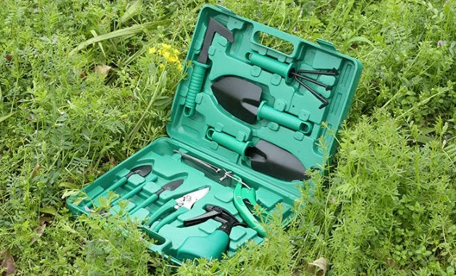 Ten-piece gardening tool set with iron heads and plastic handles, green colour option