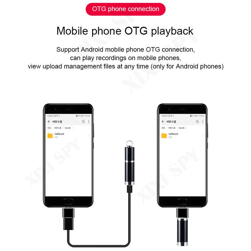 Black metal voice recorder with headset, available in 4GB, 8GB, 16GB, 32GB storage.