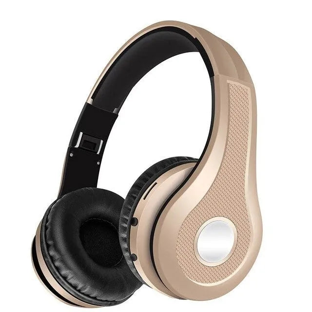 Metallic Bluetooth headset in black with power display, head-mounted design, and V5.0 connectivity