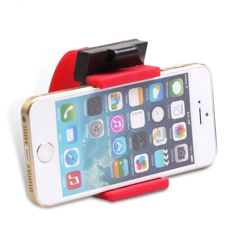 Black universal steering wheel phone clip holder mounted with a smartphone displaying a map.
