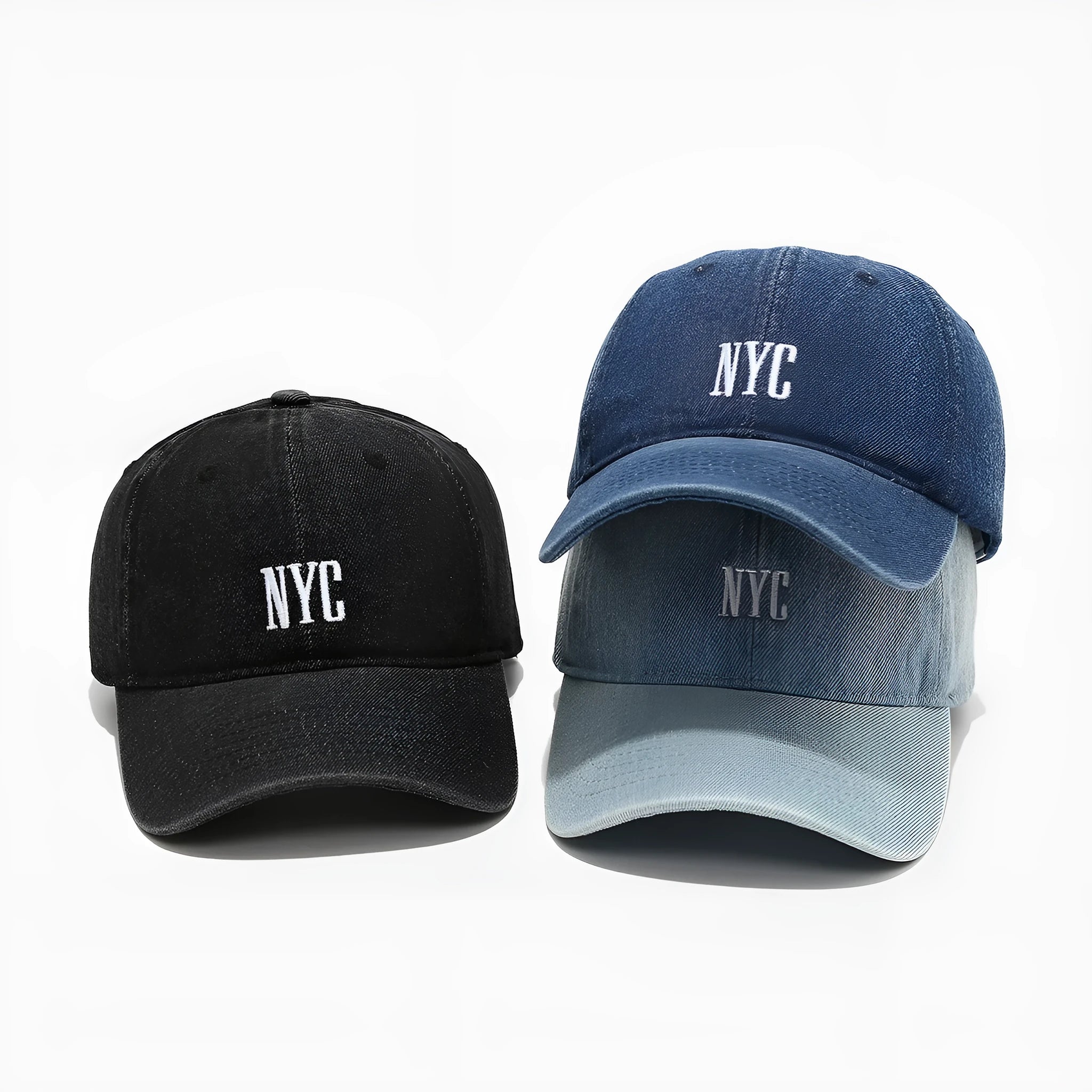 Retro denim peaked cap with embroidered letters on the front, shown in an adjustable size.