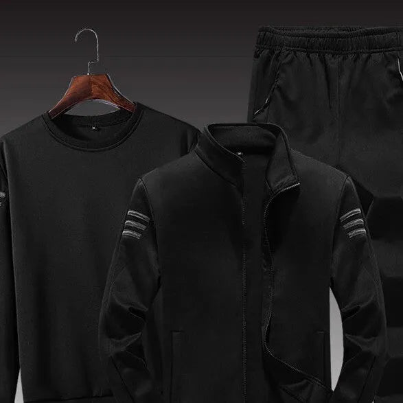Men's three-piece leisure sports suit in gray, black, and dark blue polyester with top, jacket, and trousers, sizes M to XXXXL