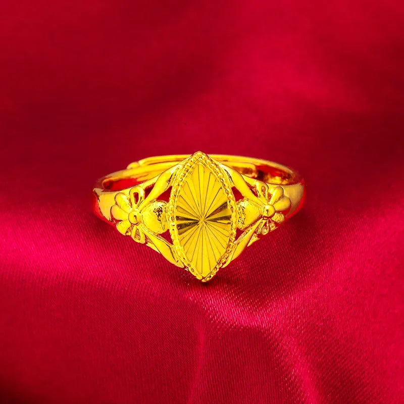 Alluvial gold girls open diamond flower ring with geometric brass construction and textured surface details
