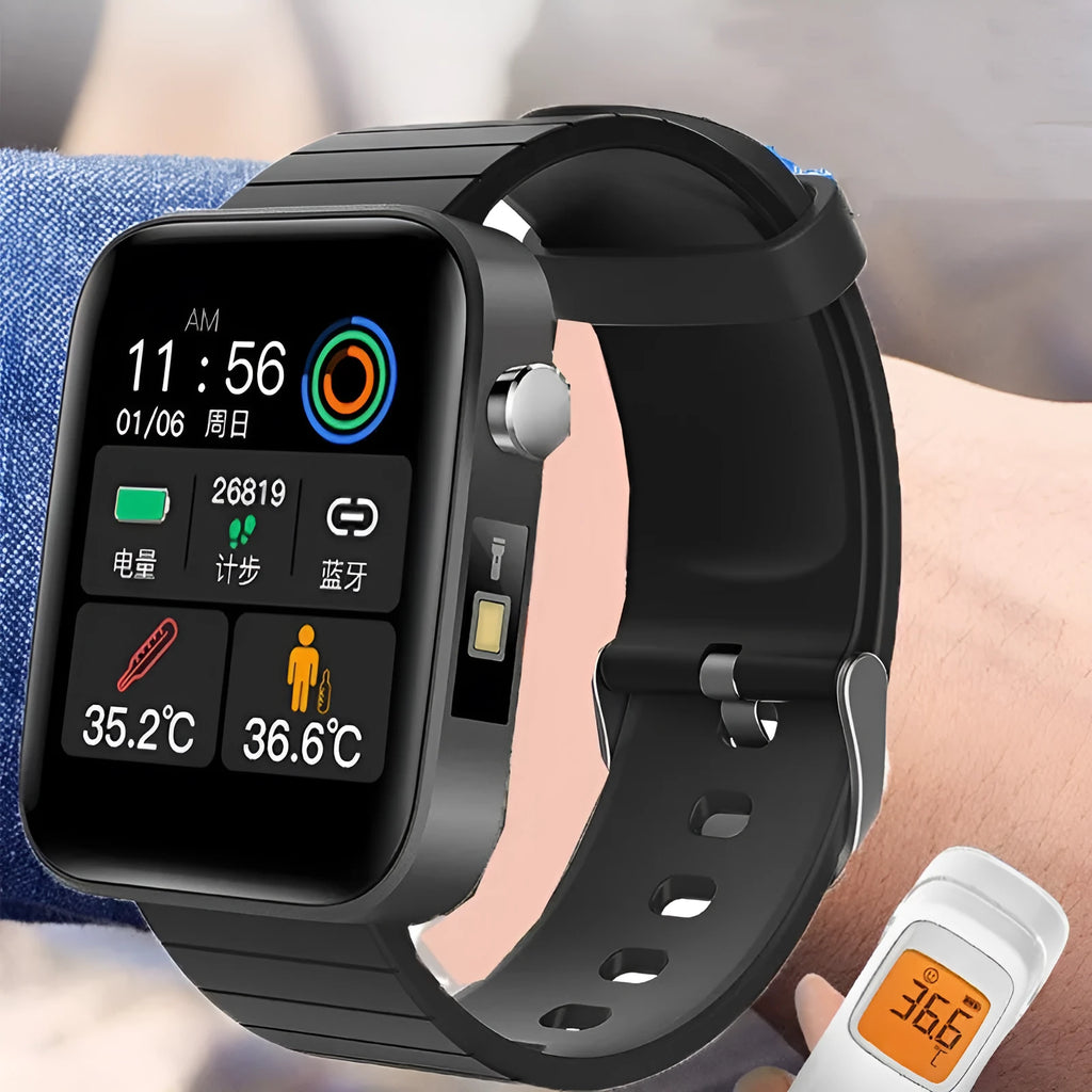 Black smart health monitoring bracelet with 1.54-inch touch screen displaying blood pressure and temperature readings