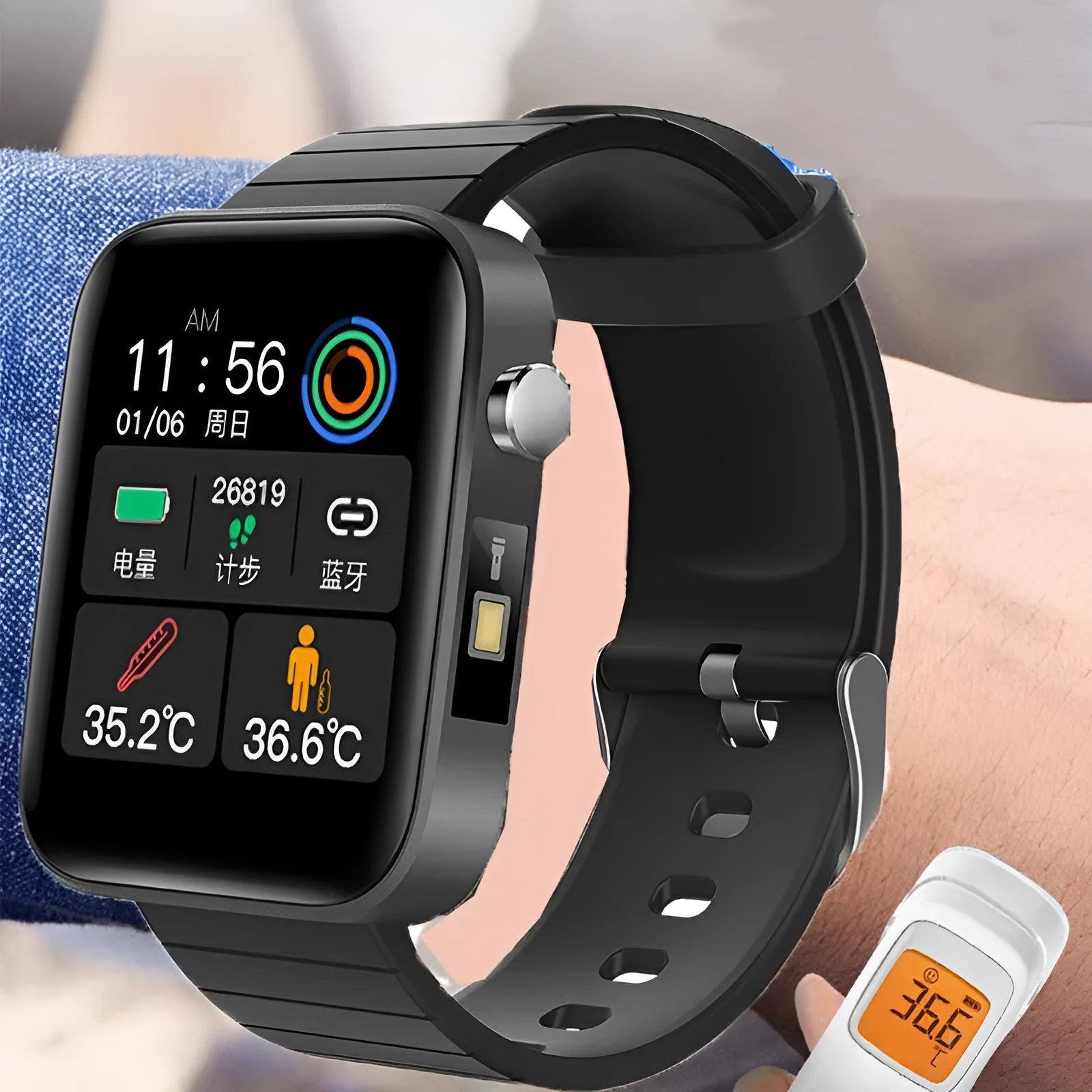 Black smart health monitoring bracelet with 1.54-inch touch screen displaying blood pressure and temperature readings