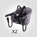 Portable baby dining seat cover with safety belt folded to show compact 42x36x7cm size
