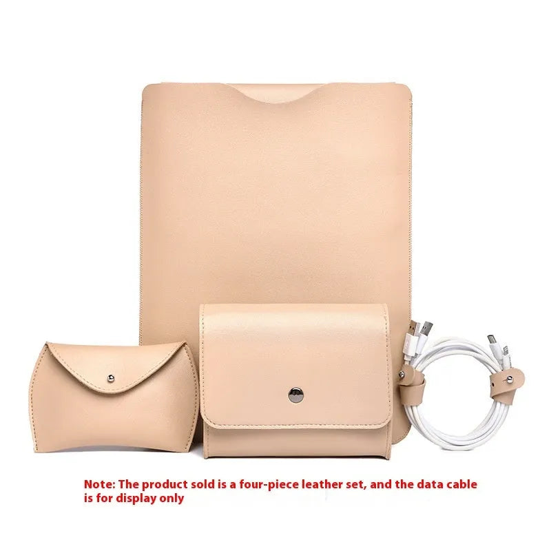 Set of four imitation leather laptop edge protector pieces in apricot, brown, gray and light pink.