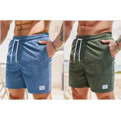 Mens lace-up drawstring corduroy sports shorts in army green and black, front view, straight-leg fit