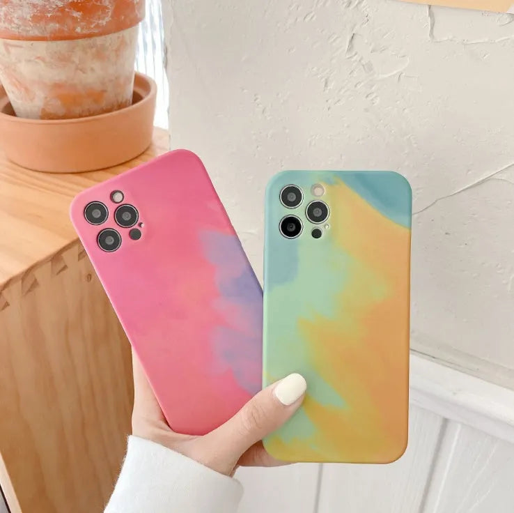 Soft silicone iPhone case with blue and purple gradient geometric abstract design