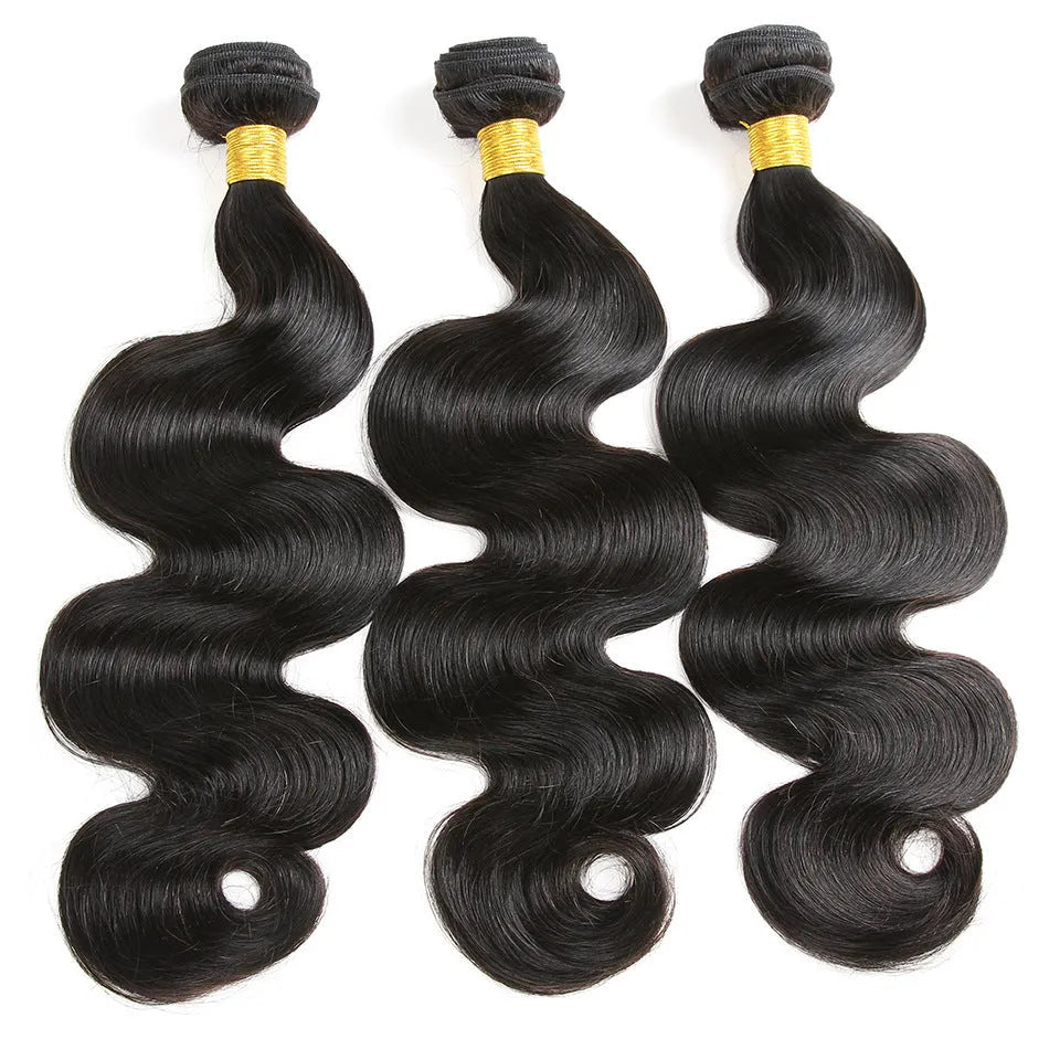 Piece body wave human hair bundles in black, lengths 8 to 24 inches, on a light background