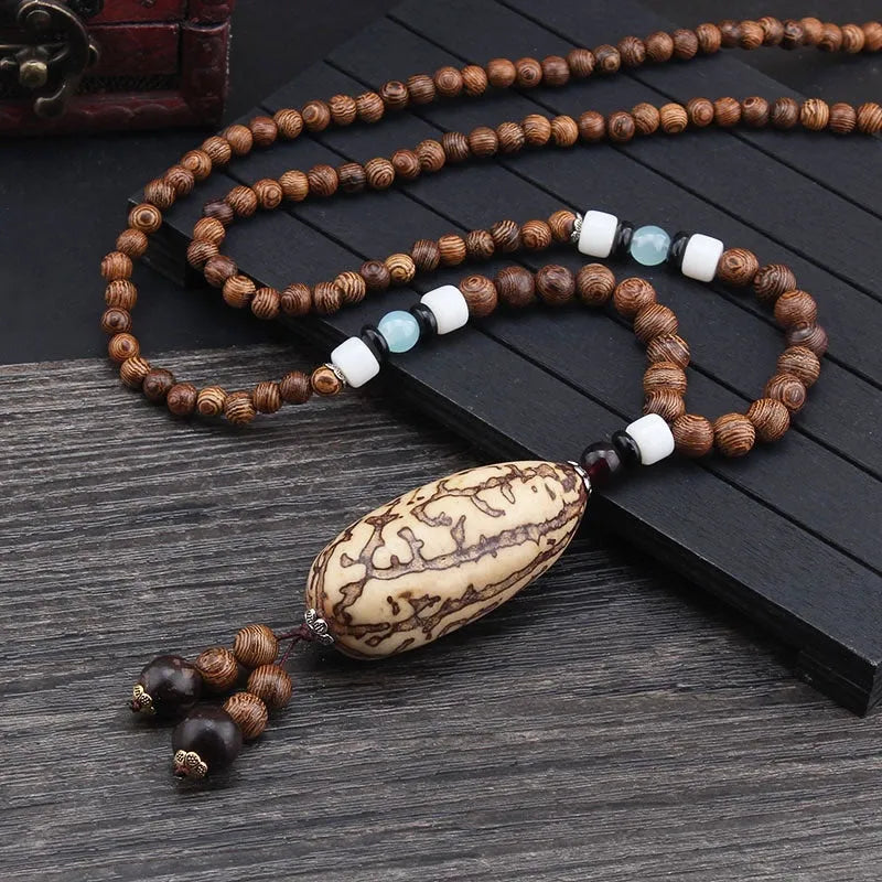 Unisex handmade long bead necklace with Bodhi pendant on chain