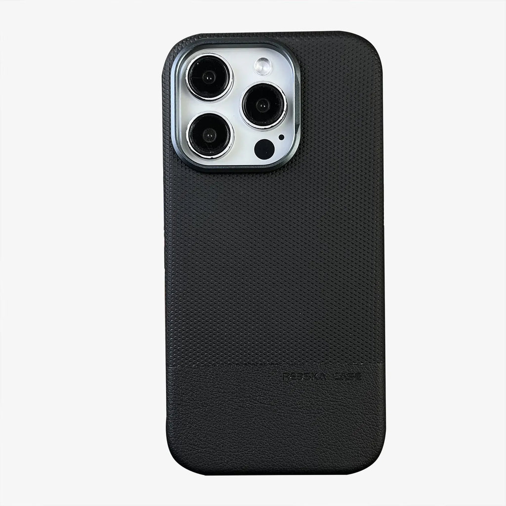 Black magnetic iPhone case with dragon scale texture and stitching, shown on an iPhone.