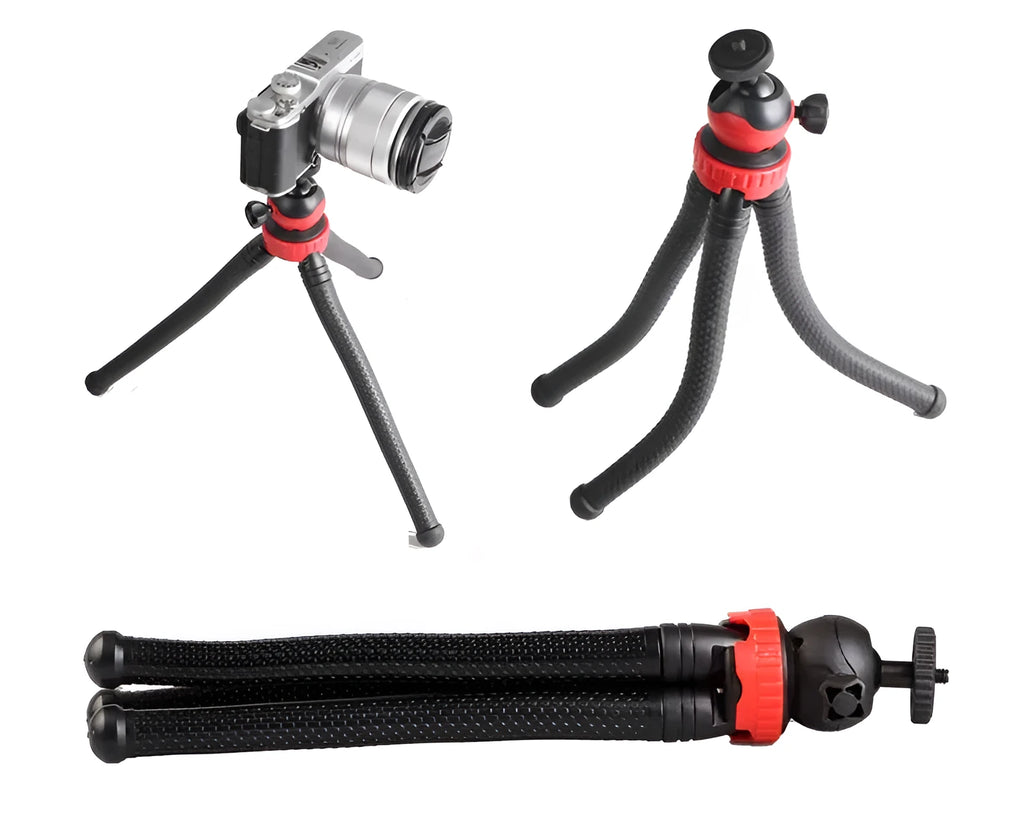 Black octopus tripod with eight flexible rubber legs and a spherical gimbal head for mounting cameras and phones.