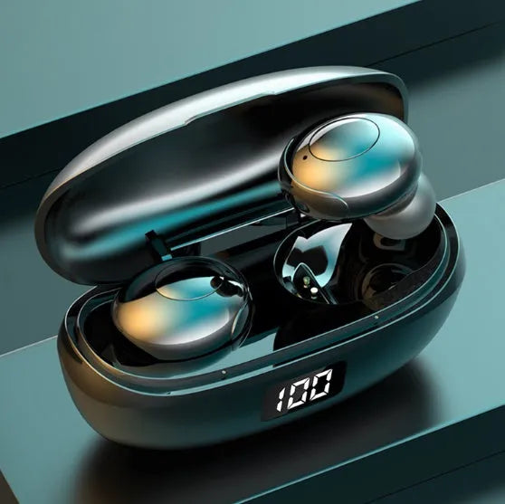 Black and white wireless Bluetooth in-ear headphones with a compact USB-C charging case.