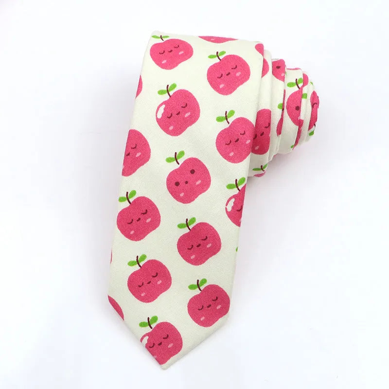 Narrow Korean style cotton bow tie with a printed cartoon pattern in various colours.