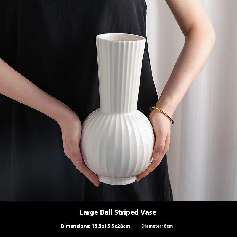 White ceramic ball striped vase in American country style with optional artificial orchid arrangements