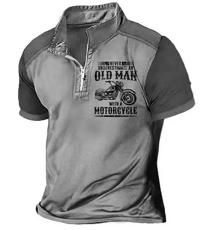 Men's casual lapel polo shirt with digital letter print and zipper decoration detail on sleeve.