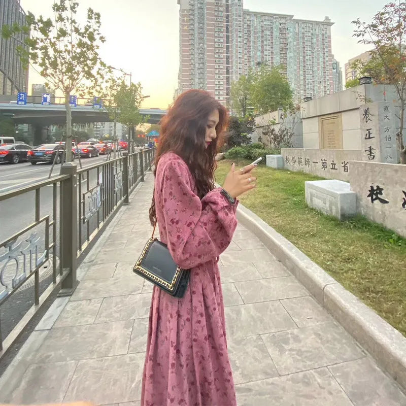 Red knitted cotton dress with elastic high waist, 3/4 princess sleeves, and floral pattern.