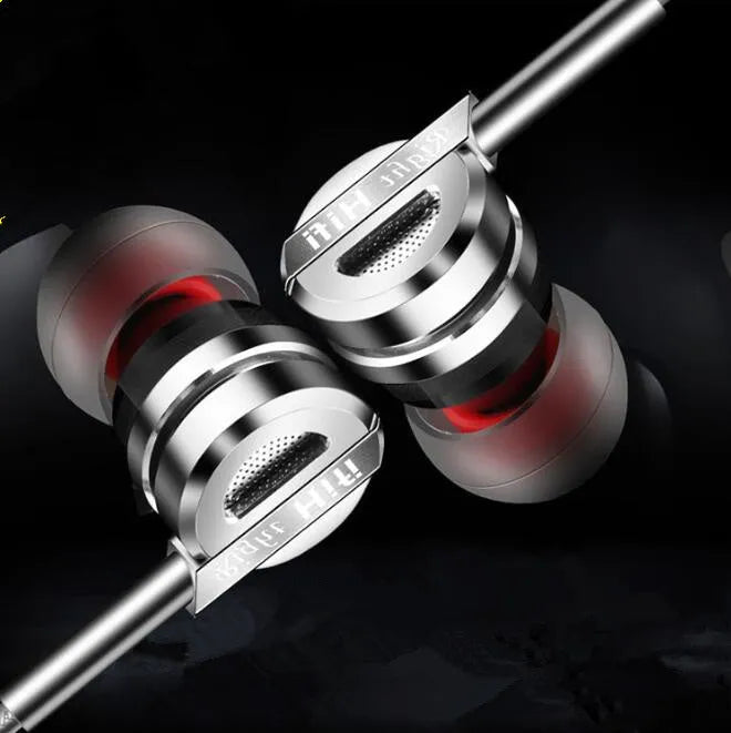 Black and silver metal HIFI earphones with wire controls showing double moving coil and dual horn bass design