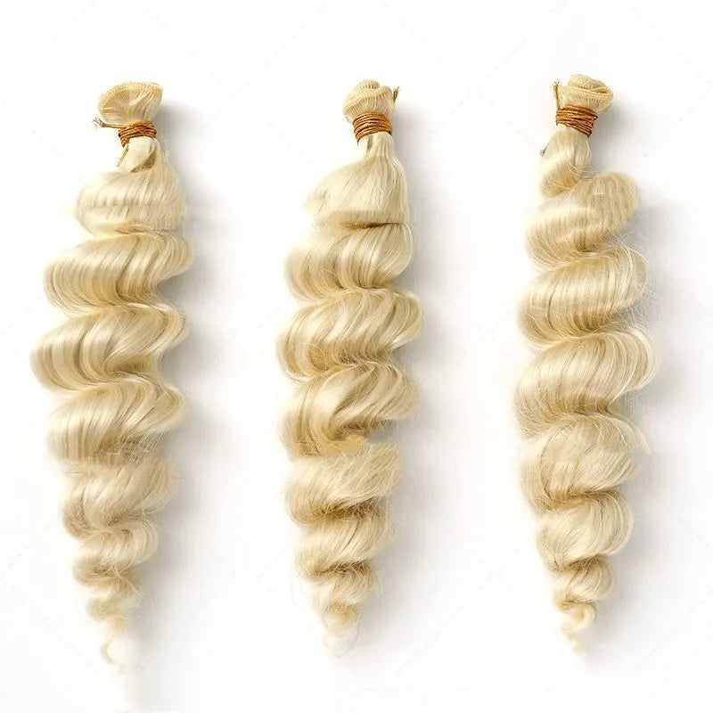 Golden synthetic fibre wig for women shown in 18-inch, 20-inch, and 22-inch length options.