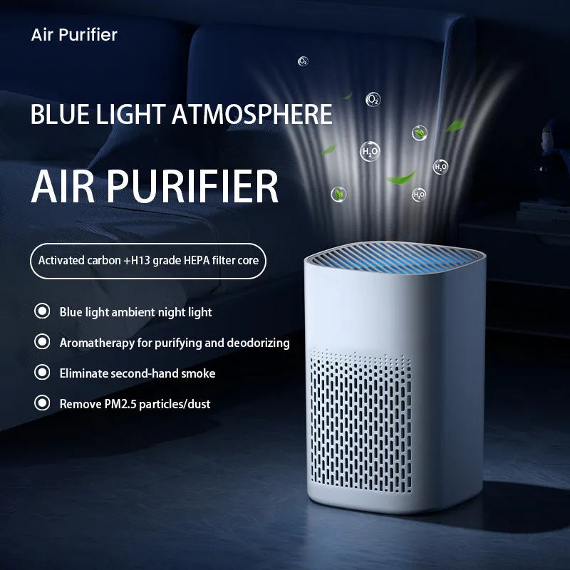 Desktop air purifier in simple white finish, USB powered, for rooms under 10 square metres