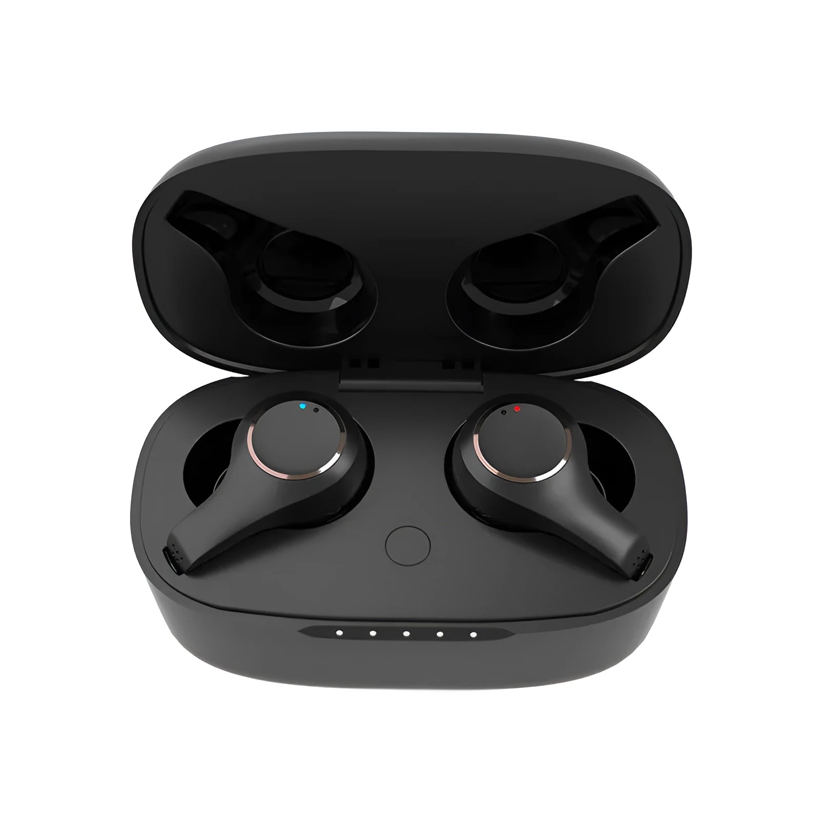 Black and white wireless ANC Bluetooth in-ear headphones with charging case