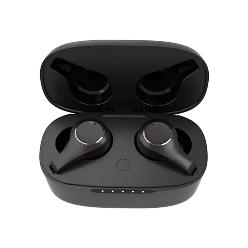 Black and white wireless ANC Bluetooth in-ear headphones with charging case
