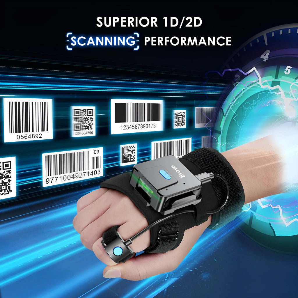 A person wearing a Bluetooth barcode scanner mounted on a wrist glove, scanning a product package.