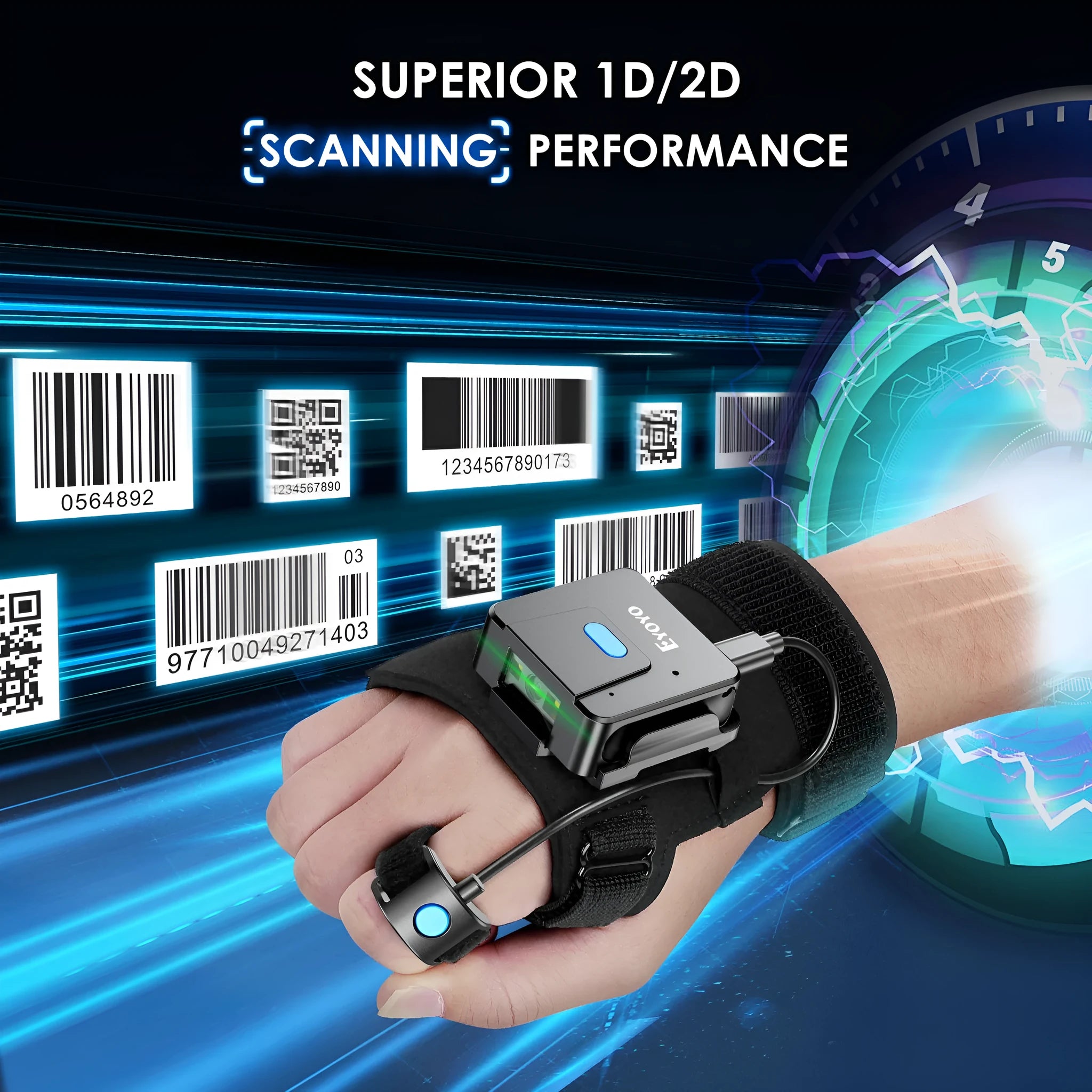 A person wearing a Bluetooth barcode scanner mounted on a wrist glove, scanning a product package.