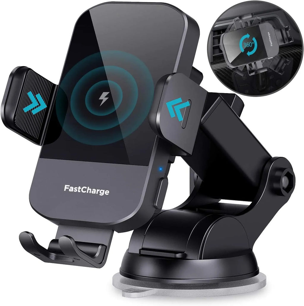 Black bare metal 15W fast wireless car charging stand on a dashboard with air vent clip.