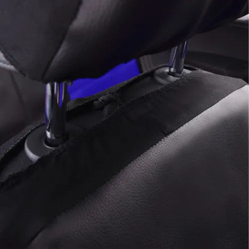 Auto artificial leather stitched 5-seater car seat cover set in black with dimensions for front seat, backrest, and backseat cushion
