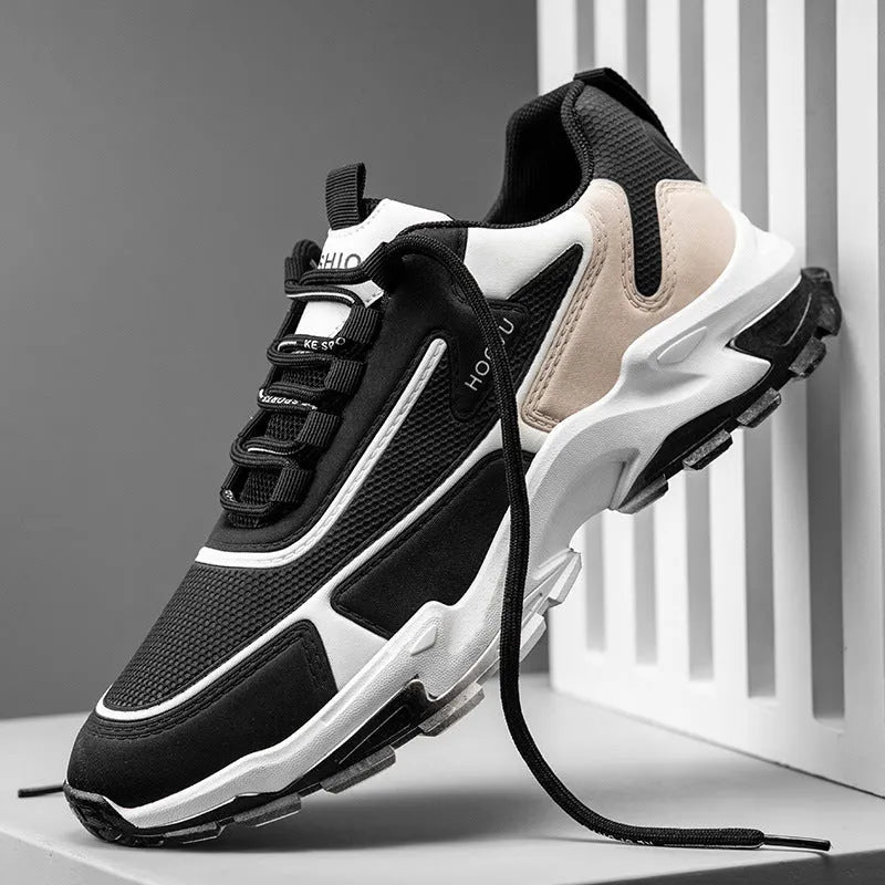 Men's breathable mesh running shoes with injection moulded sole, front lace-up, black and blue colour, size 39-44