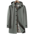 Men's solid colour trench coat with detachable hat in khaki, side seam pockets, polyester blend fabric