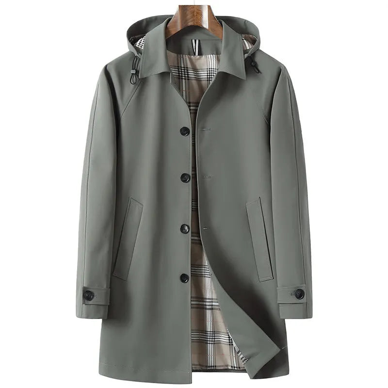 Men's solid colour trench coat with detachable hat in khaki, side seam pockets, polyester blend fabric