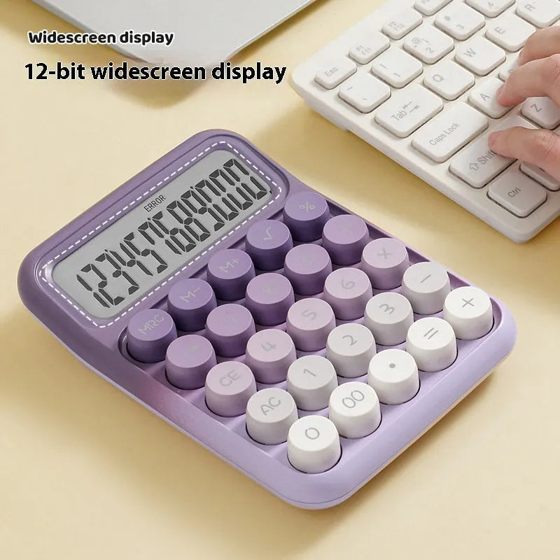 Round keypad gradient colour calculator in blue, green, pink, or purple on a desk.