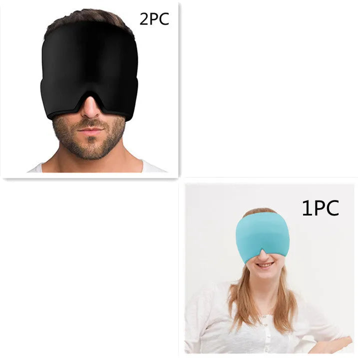 Black reusable ice gel headache relief eye mask on a white background.