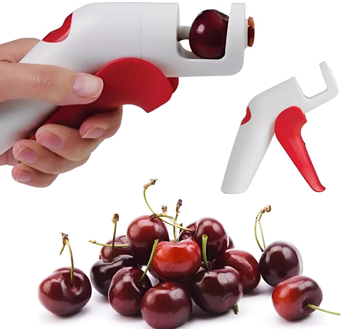 Red and white stainless steel manual cherry kernel remover pitter on a clean surface