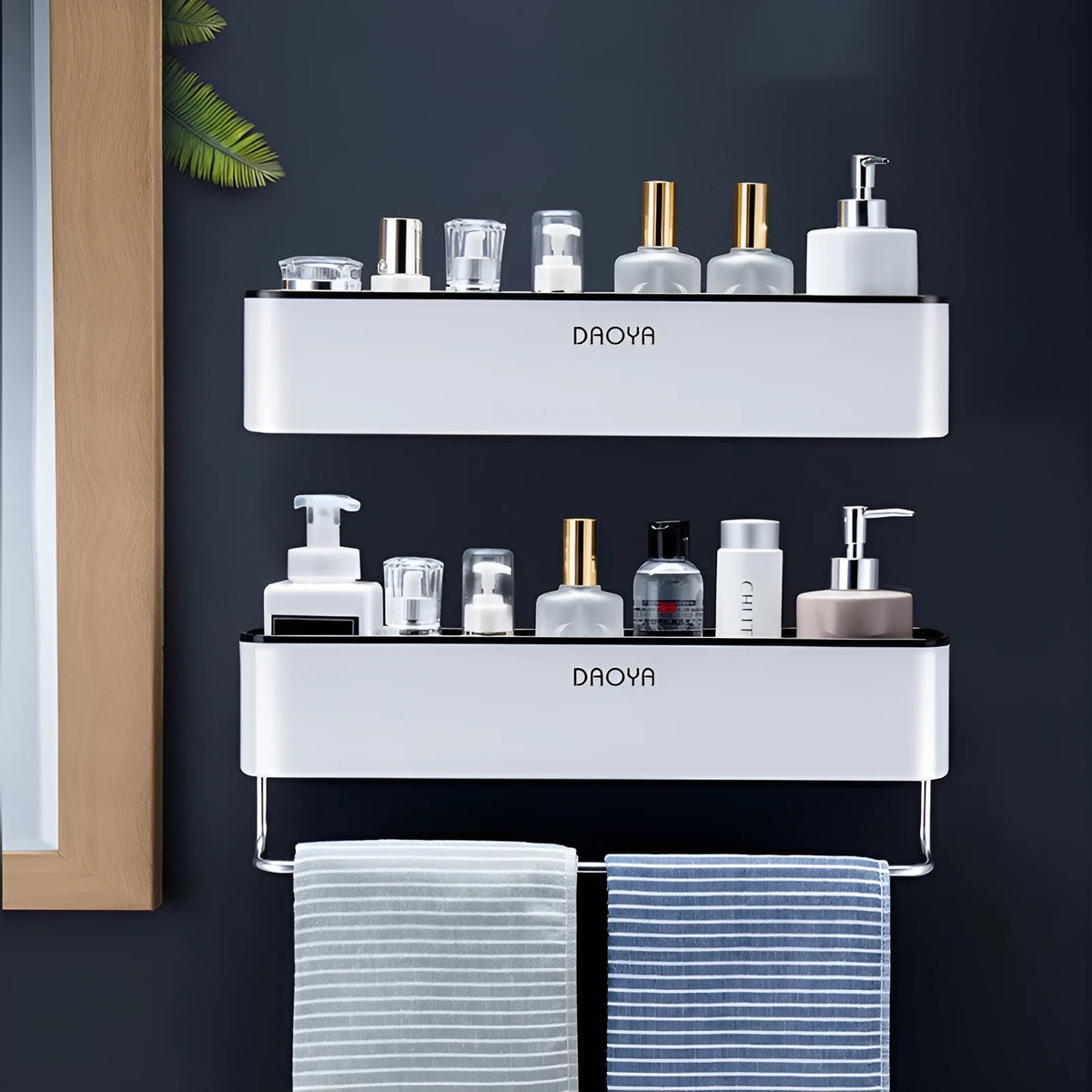 Wall mounted plastic bathroom shelf with polished finish holding shampoo and shower gel bottles