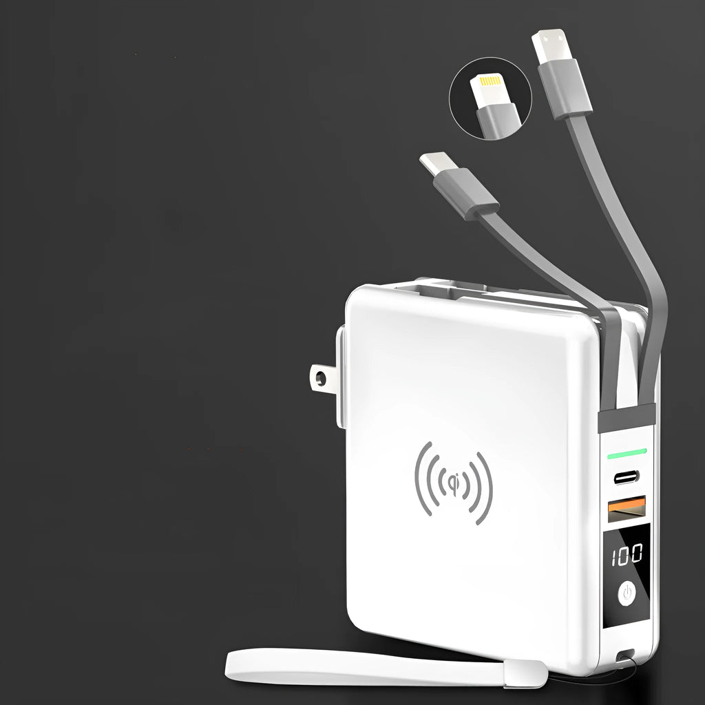 Super QI PD20W fast power bank in black with international travel plug attachments