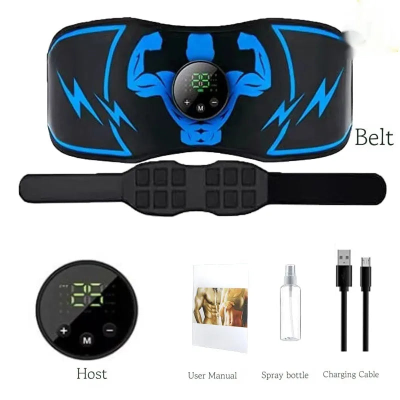 Blue EMS abdominal fitness belt with wireless remote control and arm stickers