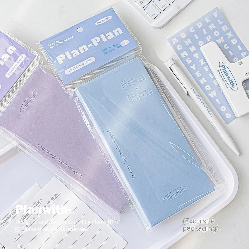Embossed simple visual daily meter book notebook open, showing white 100g paper, available in blue, grey, purple, white, and protective cover colours.