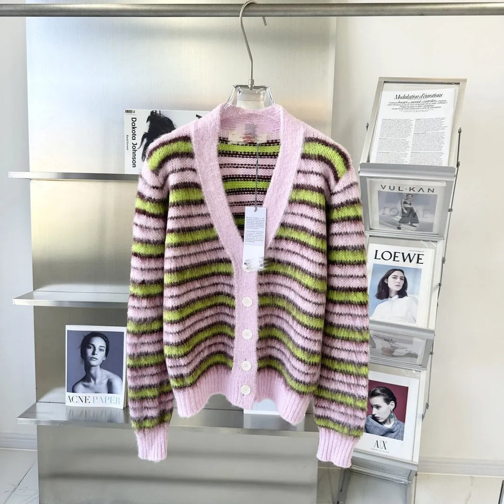 Pink wool knitted cardigan sweater with nap craft fabric and socialite style design