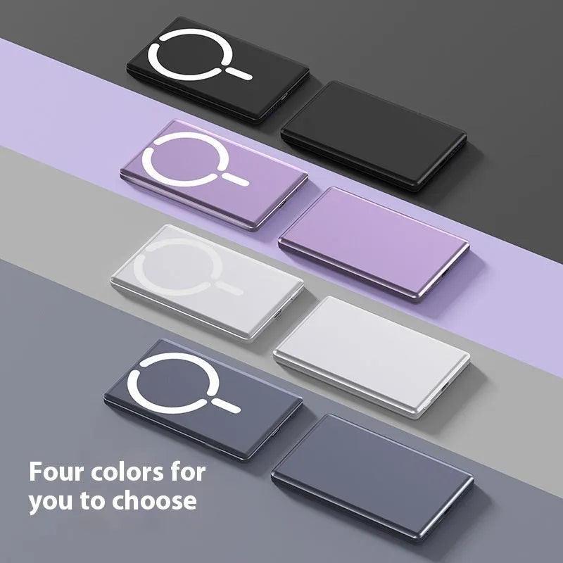 Ultra-thin 9mm magnetic power bank in dark grey, silver, black, or violet with alloy shell.